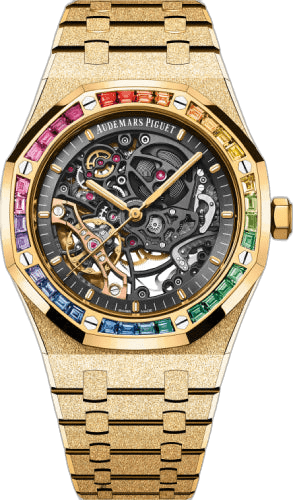 Audemars Piguet Royal Oak Yellow Gold — Skeleton Dial, Rainbow Baguette Bezel | Ref. 15412BA.YG.1224BA.01