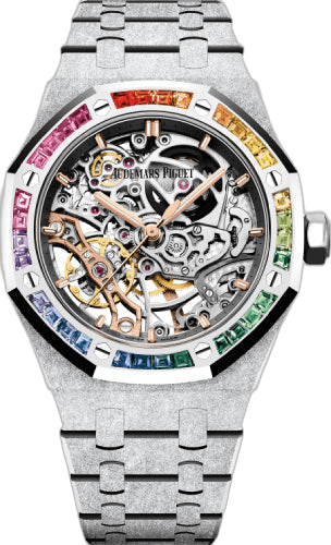 Audemars Piguet Royal Oak White Gold — Openworked Skeleton Dial with Rainbow Baguette Sapphire Bezel | Ref. 15468BC.YG.1259BC.01-B