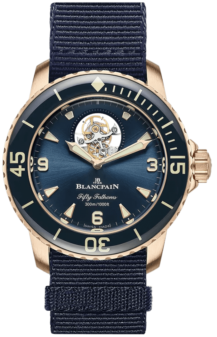 Fifty Fathoms Tourbillon 8 Jours Red Gold Blue NATO Men's Watch - 5025 36B40 NAOA 45mm by Blancpain