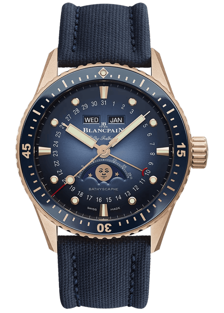 Blancpain Fifty Fathoms Bathyscaphe Quantieme Complet Phases de Lune Red Gold Canvas Men's Watch - 5054 3640 O52B Rose Gold Timepiece [5054 3640 O52B