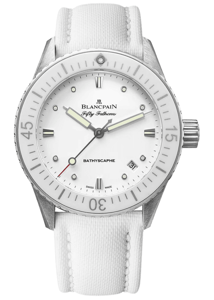 Fifty Fathoms Bathyscaphe 38mm Ultra-Slim White Canvas Ladies Watch - 5100 1127 W52A Steel by Blancpain — 5100 1127 W52A