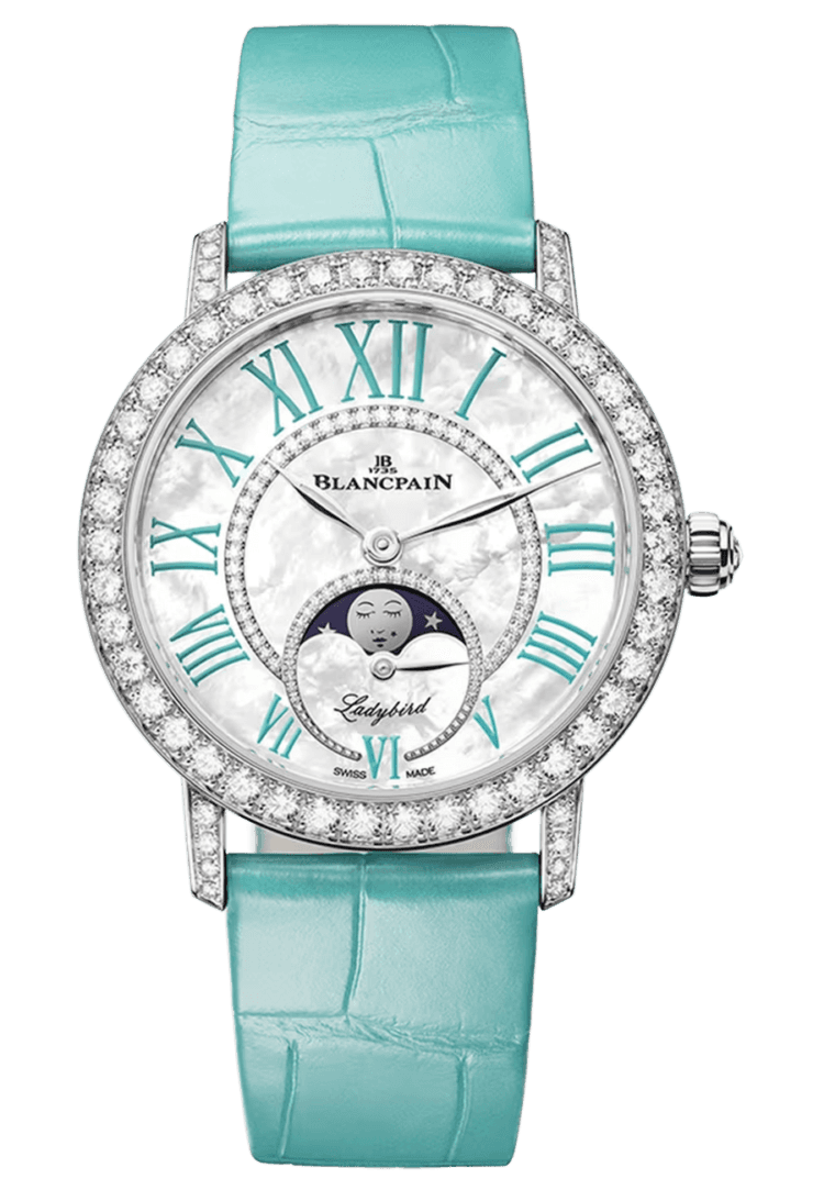 Blancpain Ladybird Colors Phases de Lune White Gold Turquoise Alligator Ladies Watch - 3662A 1954 55B Ref. 3662A 1954 55B