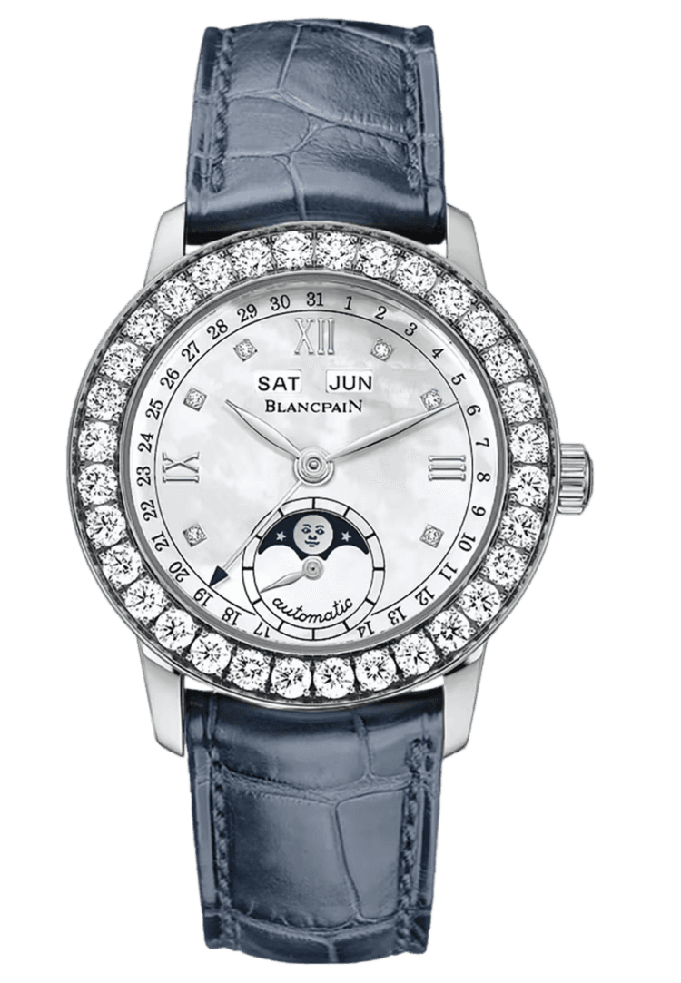 Blancpain Ladybird Quantieme Complet White Gold Diamond Blue Alligator Ladies Watch - 2360 1991A 55A