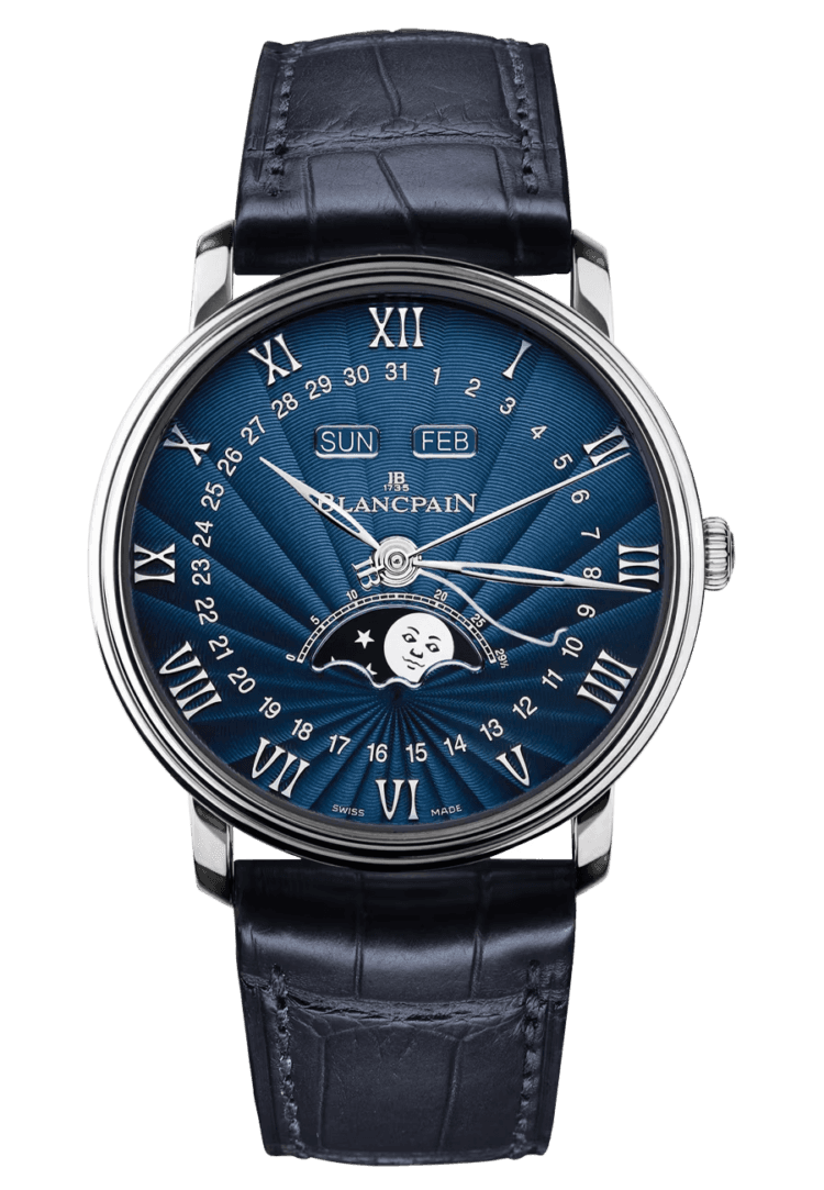 Blancpain Villeret Quantieme Complet White Gold Blue Alligator Men's Watch - 6654 1529 55B (6654 1529 55B