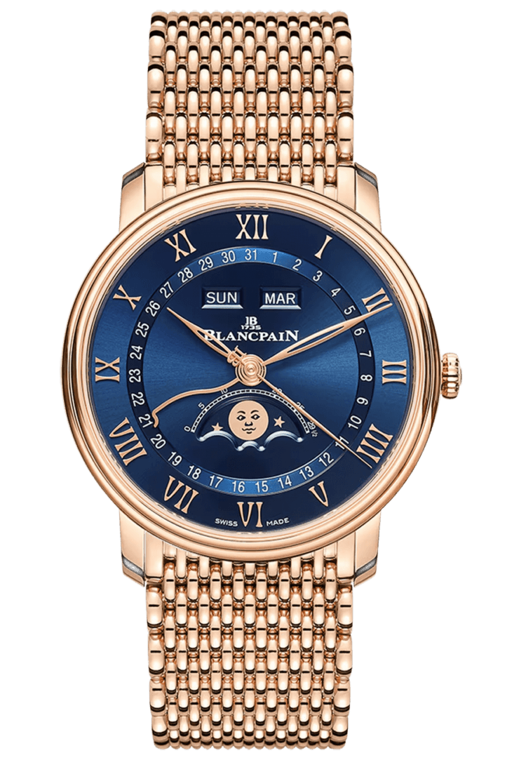 Blancpain Villeret Quantieme Complet Blue Mille Mailles Red Gold Men's Watch - 6654 3640 MMB Rose Gold Ref. 6654 3640 MMB