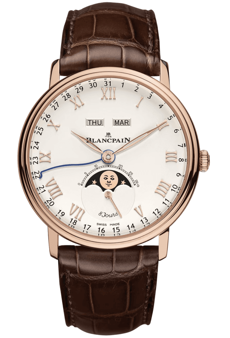 Blancpain Rose Gold Villeret Quantieme Complet 8 Jours Opaline Red Gold Alligator Men's Watch - 6639 3642 55B Watch Ref. 6639 3642 55B