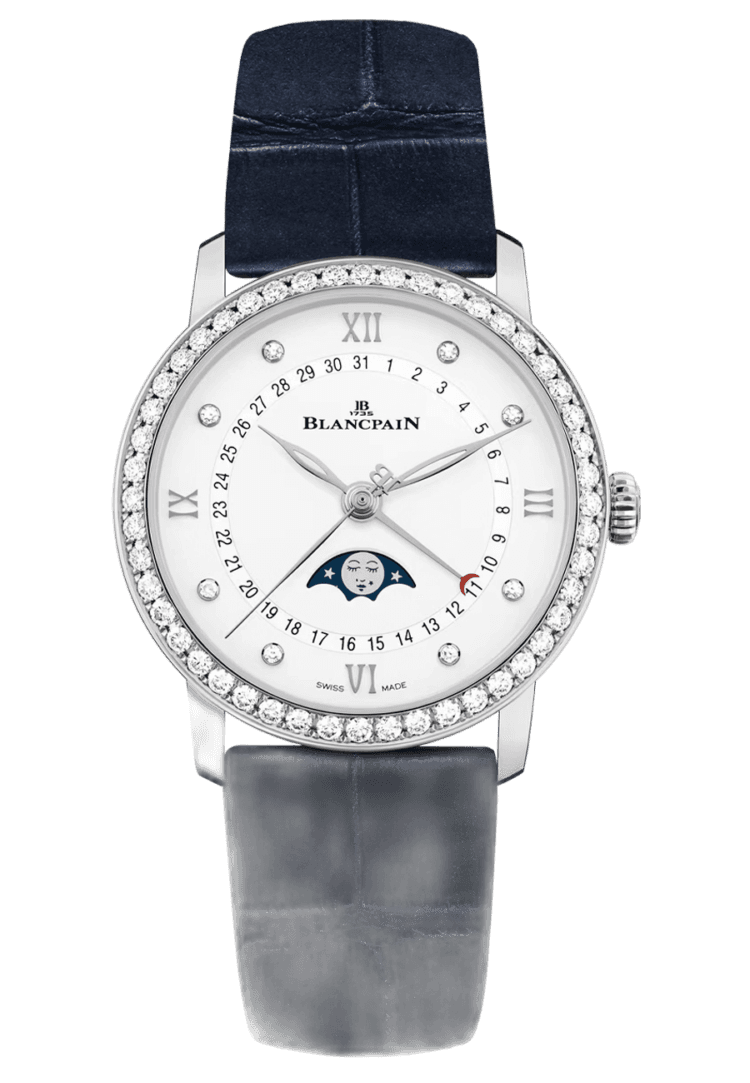 Blancpain Villeret Quantieme Phase de Lune Diamond Blue Alligator Ladies Watch - 6126 4628 55B