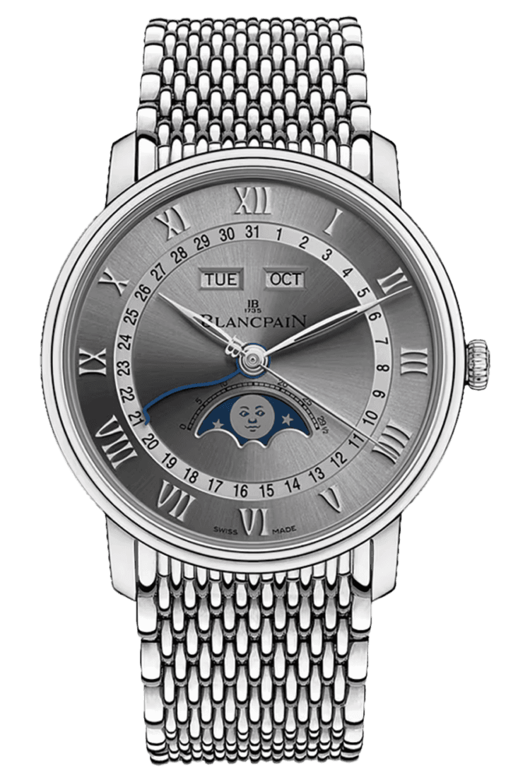 Blancpain Villeret Quantieme Complet Grey Mille Mailles Steel Men's Watch - 6654 1113 MMB