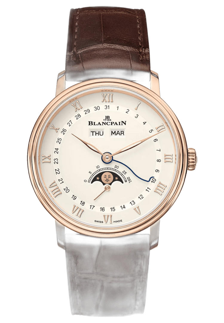 Blancpain Villeret Quantieme Complet Opalin Red Gold Alligator Men's Watch - 6264 3642 55B Rose Gold Timepiece [6264 3642 55B