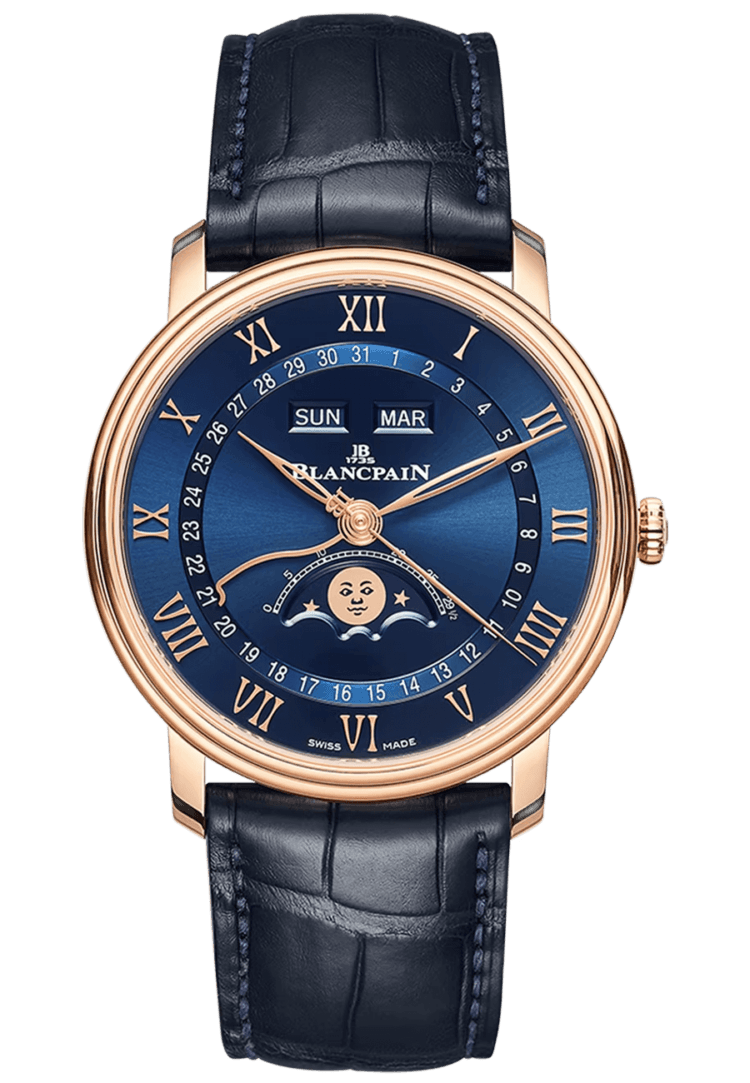 Blancpain Rose Gold Villeret Quantieme Complet Red Gold Blue Alligator Men's Watch - 6654 3640 55B — Ref. 6654 3640 55B