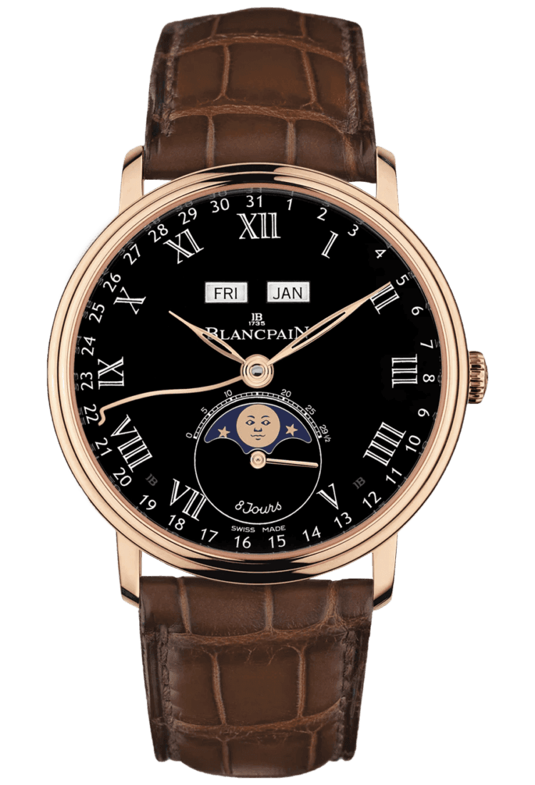Blancpain Rose Gold Villeret Quantieme Complet 8 Jours Black Red Gold Alligator Men's Watch - 6639 3637 55B Watch Ref. 6639 3637 55B