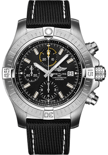 Breitling Avenger Chronograph 45 Watch - Stainless Steel - Black Dial - Anthracite Calfskin Leather Strap - Tang Buckle - A13317101B1X1 45mm Watch Ref. A13317101B1X1