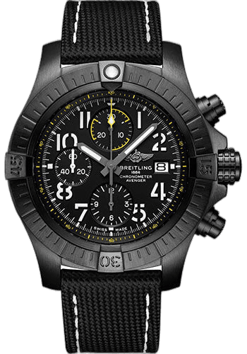 Breitling Avenger Chronograph 45 Night Mission Watch - DLC-Coated Titanium - Black Dial - Anthracite Calfskin Leather Strap - Folding Buckle - V13317101B1X2 45mm