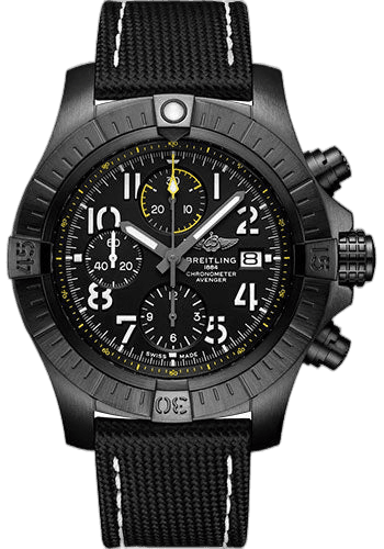 Breitling Avenger Chronograph 45 Night Mission Watch - DLC-Coated Titanium - Black Dial - Anthracite Calfskin Leather Strap - Tang Buckle - V13317101B1X1 45mm (V13317101B1X1