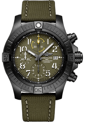 Avenger Chronograph 45 Night Mission Watch - DLC-Coated Titanium - Green Dial - Khaki Green Calfskin Leather Strap - Folding Buckle - V13317101L1X2 45mm · Breitling V13317101L1X2