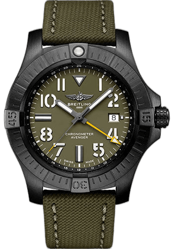 Breitling 45mm Avenger Automatic GMT 45 Night Mission Limited Edition Watch - DLC-Coated Titanium - Green Dial - Khaki Green Calfskin Leather Strap - Tang Buckle Limited Edition of 2000 - V323952A1L1X1 Watch Ref. V323952A1L1X1