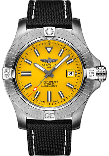 Breitling 45mm Avenger Automatic 45 Seawolf Watch - Stainless Steel - Yellow Dial - Anthracite Calfskin Leather Strap - Tang Buckle - A17319101I1X1 — Ref. A17319101I1X1