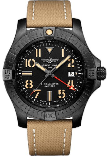 Avenger Automatic GMT 45 Night Mission Watch - DLC-Coated Titanium - Black Dial - Sand Calfskin Leather Strap - Folding Buckle - V32395101B1X2 45mm · Breitling V32395101B1X2