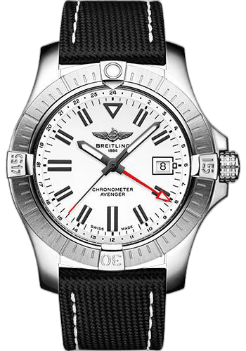 Breitling Avenger Automatic GMT 43 Watch - Stainless Steel - White Dial - Anthracite Calfskin Leather Strap - Tang Buckle - A32397101A1X1 43mm