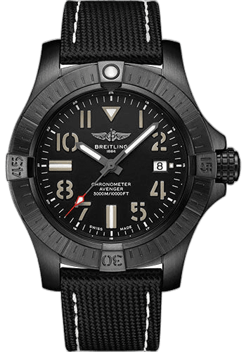 Breitling Avenger Automatic 45 Seawolf Night Mission Watch - DLC-Coated Titanium - Black Dial - Anthracite Calfskin Leather Strap - Folding Buckle - V17319101B1X2 45mm Timepiece [V17319101B1X2