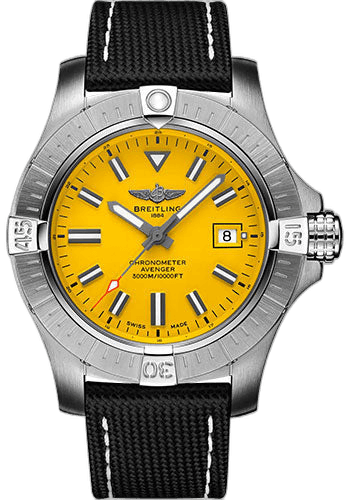 Breitling Avenger Automatic 45 Seawolf Watch - Stainless Steel - Yellow Dial - Anthracite Calfskin Leather Strap - Folding Buckle - A17319101I1X2 45mm Timepiece [A17319101I1X2