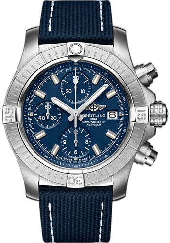 Breitling Avenger Chronograph 43 Watch - Stainless Steel - Blue Dial - Blue Calfskin Leather Strap - Folding Buckle - A13385101C1X2 43mm