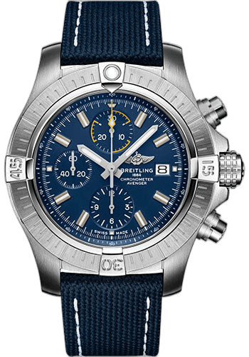 Breitling Avenger Chronograph 45 Watch - Stainless Steel - Blue Dial - Blue Calfskin Leather Strap - Folding Buckle - A13317101C1X2 45mm (A13317101C1X2