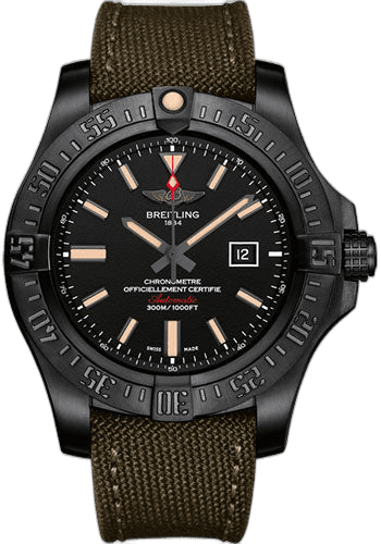 Breitling 48mm Avenger Blackbird Watch - Black Titanium - Volcano Black Dial - Khaki Green Military Strap - Tang Buckle - V1731010/BD12/105W/M20BASA.1 — Ref. V1731010/BD12/105W/M20BASA.1