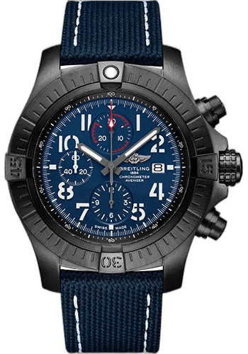 Avenger Super Avenger Chronograph 48 Night Mission Watch - DLC-Coated Titanium - Blue Dial - Blue Calfskin Leather Strap - Tang Buckle - V13375101C1X1 48mm — Breitling Ref. V13375101C1X1