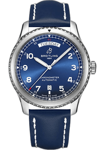 Breitling 41mm Aviator 8 Automatic Day & Date 41 Watch - Stainless Steel - Blue Dial - Blue Calfskin Leather Strap - Folding Buckle - A45330101C1X5 Watch Ref. A45330101C1X5