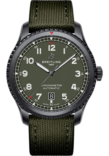 Breitling Aviator 8 Automatic 41 Black Steel Curtiss Warhawk Watch - Black steel - Green Dial - Green Kaki Leather Strap - Tang Buckle - M173152A1L1X1 41mm Timepiece [M173152A1L1X1