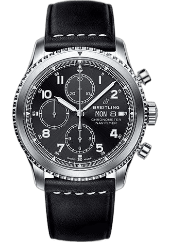Breitling 43mm Aviator 8 Chronograph 43 Watch - Steel Case - Black Dial - Black Leather Strap - A13314101B1X1 Watch Ref. A13314101B1X1
