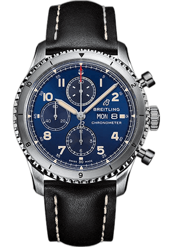 Aviator 8 Chronograph 43 Watch - Stainless Steel - Blue Dial - Black Calfskin Leather Strap - Folding Buckle - A13316101C1X3 43mm — Breitling Ref. A13316101C1X3