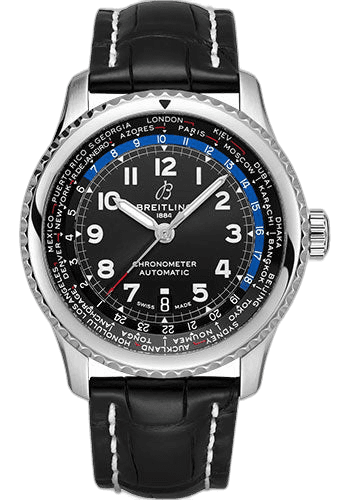 Aviator 8 B35 Automatic Unitime 43 Watch - Stainless Steel - Black Dial - Black Alligator Leather Strap - Folding Buckle - AB3521U41B1P2 · Breitling 43mm — AB3521U41B1P2