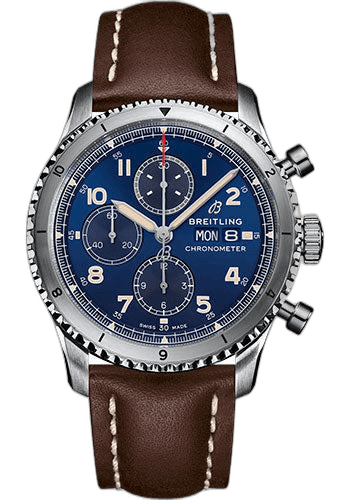 Aviator 8 Chronograph 43 Watch - Stainless Steel - Blue Dial - Brown Calfskin Leather Strap - Tang Buckle - A13316101C1X2 43mm · Breitling A13316101C1X2