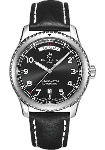 Breitling Aviator 8 Automatic Day & Date 41 Watch - Stainless Steel - Black Dial - Black Calfskin Leather Strap - Folding Buckle - A45330101B1X2 41mm Watch Ref. A45330101B1X2