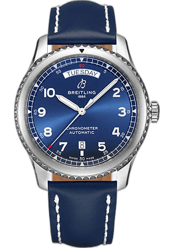 Aviator 8 Automatic Day & Date 41 Watch - Steel - Blue Dial - Blue Leather Strap - Tang Buckle - A45330101C1X3 41mm by Breitling — A45330101C1X3