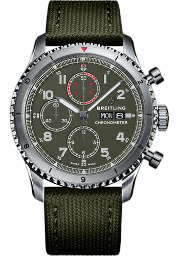Breitling Aviator 8 Chronograph 43 Curtiss Warhawk Watch - Steel - Green Dial - Khaki Green Military Strap - Folding Buckle - A133161A1L1X2 43mm (A133161A1L1X2