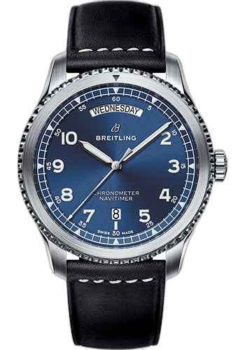 Aviator 8 Automatic Day & Date 41 Watch - Steel Case - Blue Dial - Black Leather Strap - A45330101C1X1 41mm by Breitling — A45330101C1X1