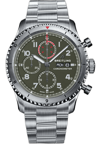 Breitling Aviator 8 Chronograph 43 Curtiss Warhawk Watch - Steel - Green Dial - Steel Bracelet - A133161A1L1A1 43mm