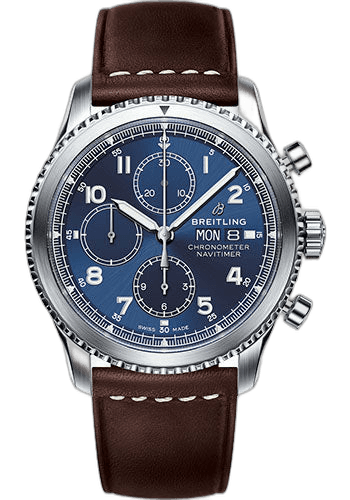 Breitling Aviator 8 Chronograph 43 Watch - Steel Case - Blue Dial - Brown Leather Strap - A13314101C1X2 43mm Ref. A13314101C1X2