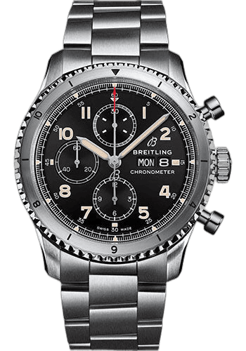 Aviator 8 Chronograph 43 Watch - Stainless Steel - Black Dial - Metal Bracelet - A13316101B1A1 43mm — Breitling Ref. A13316101B1A1