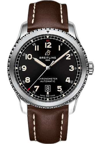 Breitling Aviator 8 Automatic 41 Watch - Stainless Steel - Black Dial - Brown Calfskin Leather Strap - Folding Buckle - A17315101B1X4 41mm Timepiece [A17315101B1X4