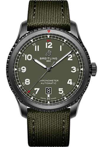Aviator 8 Automatic 41 Black Steel Curtiss Warhawk Watch - DLC-Coated Stainless Steel - Green Dial - Khaki Green Calfskin Leather Strap - Folding Buckle - M173152A1L1X2 · Breitling 41mm — M173152A1L1X2