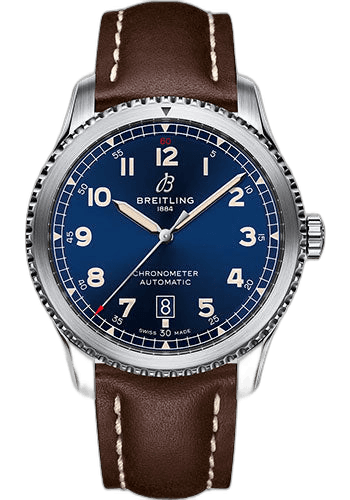 Breitling Aviator 8 Automatic 41 Watch - Stainless Steel - Blue Dial - Brown Calfskin Leather Strap - Tang Buckle - A17315101C1X1 41mm Timepiece [A17315101C1X1