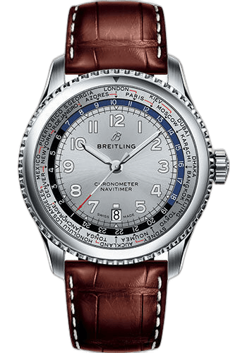 Breitling Aviator 8 B35 Automatic Unitime 43 Watch - Steel Case - Mercury Silver Dial - Brown Croco Strap - AB3521U01G1P1 43mm Timepiece [AB3521U01G1P1