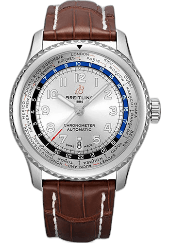 Aviator 8 B35 Automatic Unitime 43 Watch - Stainless Steel - Silver Dial - Brown Alligator Leather Strap - Folding Buckle - AB3521U01G1P3 · Breitling 43mm — AB3521U01G1P3