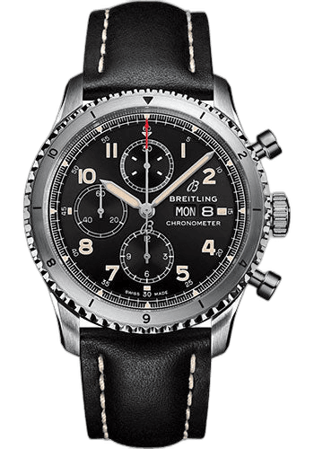 Aviator 8 Chronograph 43 Watch - Stainless Steel - Black Dial - Black Calfskin Leather Strap - Folding Buckle - A13316101B1X2 43mm by Breitling — A13316101B1X2