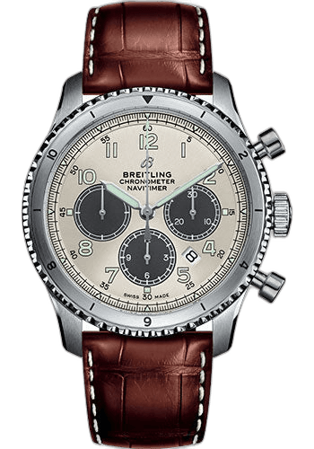 Breitling Aviator 8 B01 Chronograph 43 Watch - Steel Case - Silver Dial - Brown Croco Strap - AB01171A1G1P1 43mm Ref. AB01171A1G1P1