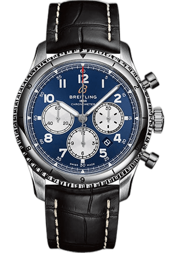 Breitling Aviator 8 B01 Chronograph 43 Watch - Stainless Steel - Blue Dial - Black Alligator Leather Strap - Folding Buckle - AB0119131C1P3 43mm Ref. AB0119131C1P3